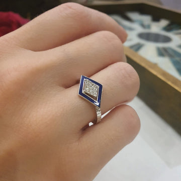 Imtinan Ring, White Enamel with Diamonds