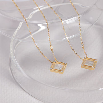 Line Square Necklace with Diamond, Mother of Pearl, Yellow Gold