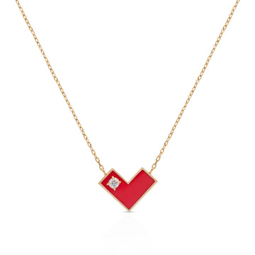 Heart Of Gold Necklace With  Red Enamel & Diamond.