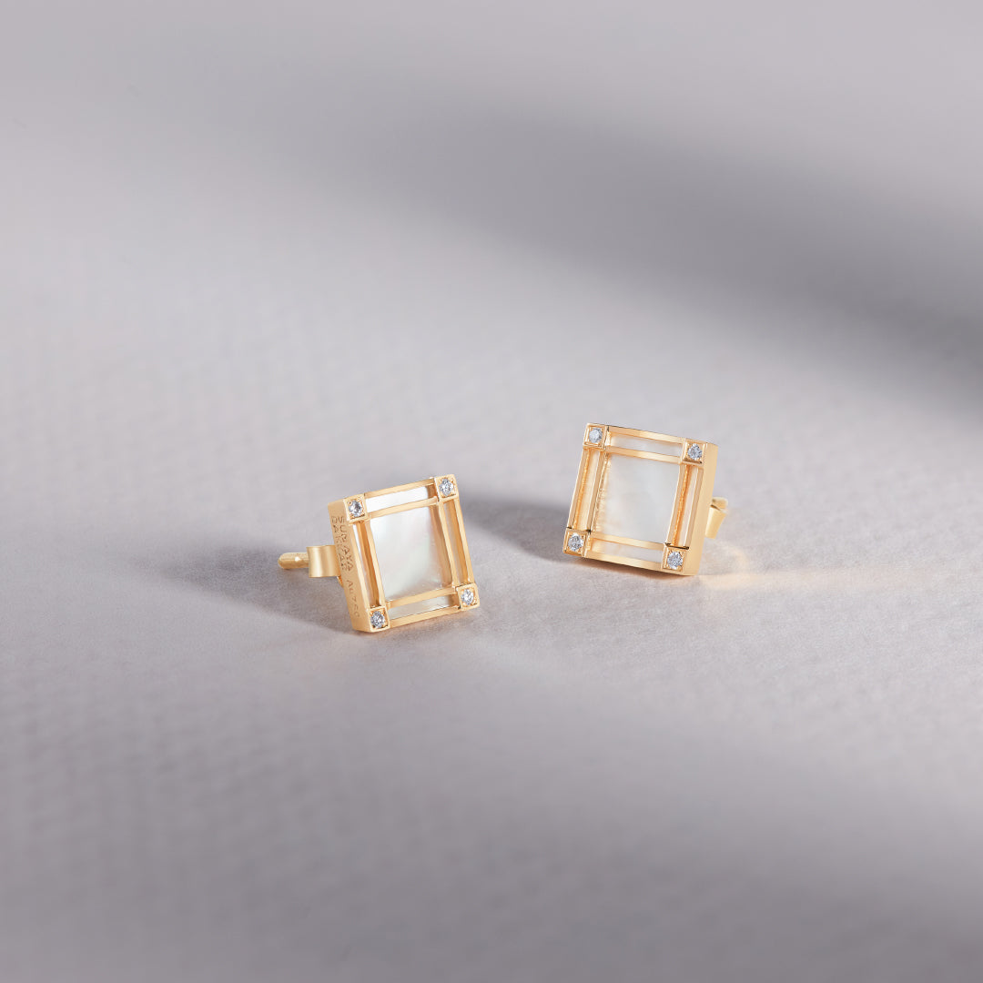 Line Square Earrings with Diamond, Mother of Pearl, Yellow Gold