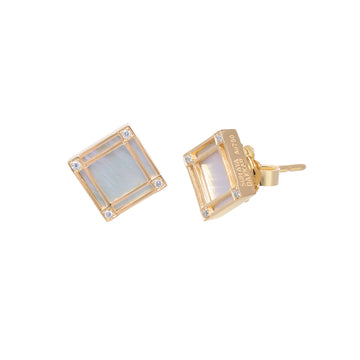Line Square Earrings with Diamond, Mother of Pearl, Yellow Gold