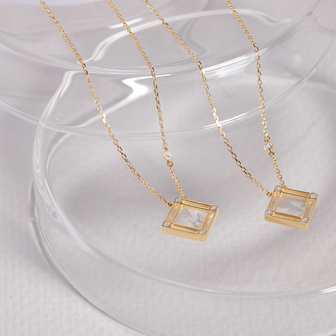 Line Square Necklace with Diamond, Mother of Pearl, Yellow Gold