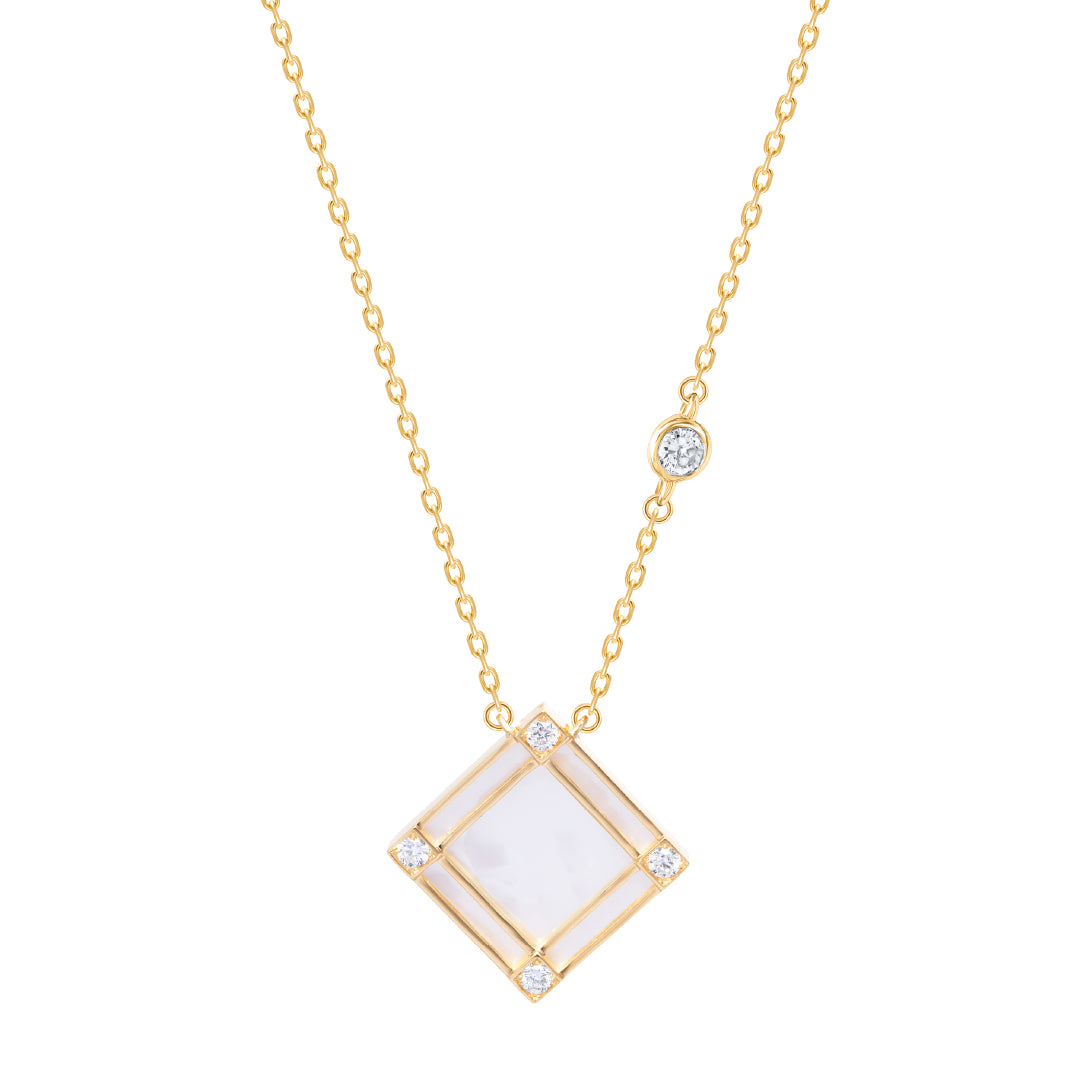 Line Square Necklace with Diamond, Mother of Pearl, Yellow Gold
